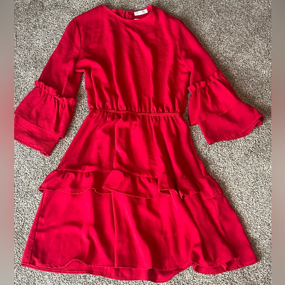 Red Ruffle Dress size Large Brand New Ruffled bell sleeve.